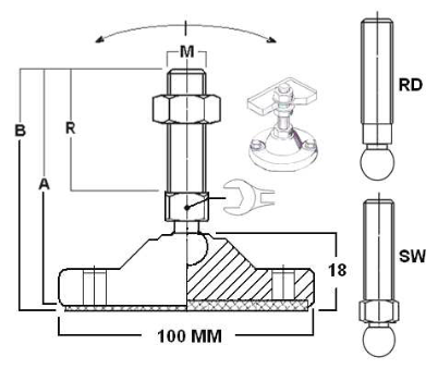 Desenho tecnico em corte de uma sapata articulada com base metalica usinada para maquina industrial